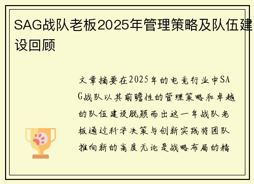 SAG战队老板2025年管理策略及队伍建设回顾